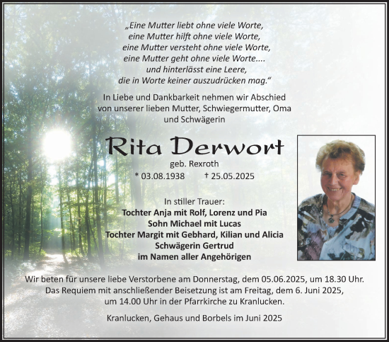 Traueranzeige von Rita Derwort von Südthüringer Presse