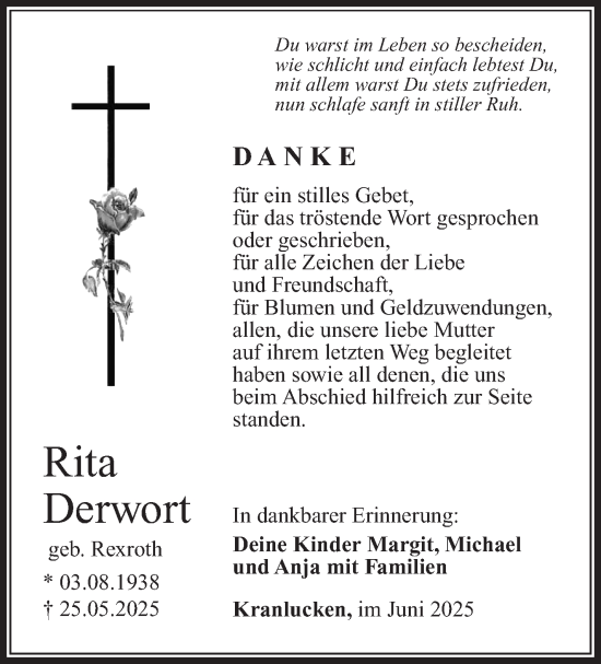 Traueranzeige von Rita Derwort von Südthüringer Presse