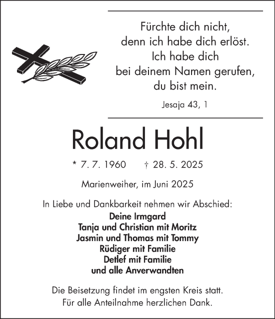 Traueranzeige von Roland Hohl von Frankenpost