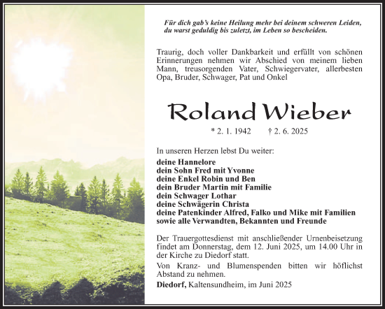 Traueranzeige von Roland Wieber von Südthüringer Presse