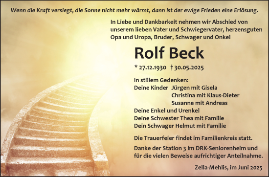 Traueranzeige von Rolf Beck von Südthüringer Presse
