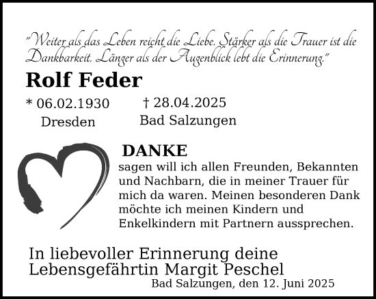Traueranzeige von Rolf Feder von Südthüringer Presse