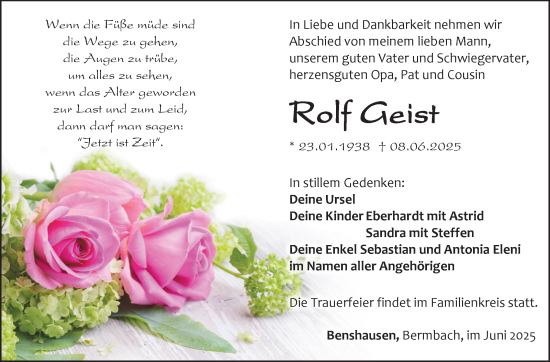 Traueranzeige von Rolf Geist von Südthüringer Presse