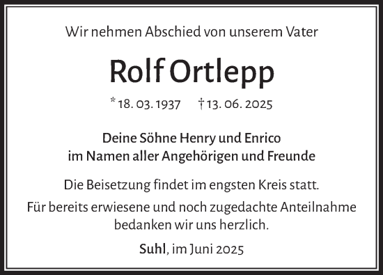 Traueranzeige von Rolf Ortlepp von Südthüringer Presse