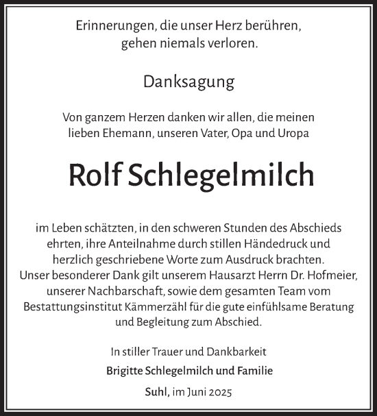 Traueranzeige von Rolf Schlegelmilch von Südthüringer Presse