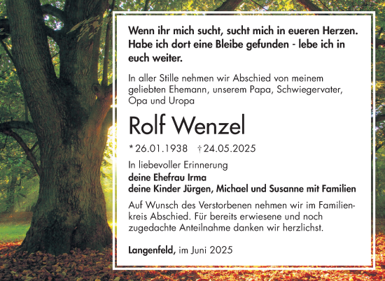 Traueranzeige von Rolf Wenzel von Südthüringer Presse