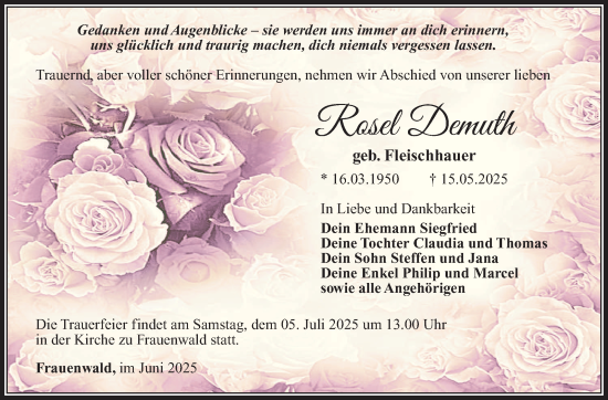 Traueranzeige von Rosel Demuth von Südthüringer Presse