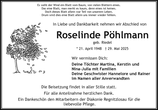 Traueranzeige von Roselinde Pöhlmann von Frankenpost