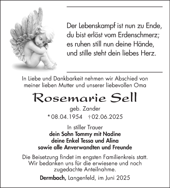 Traueranzeige von Rosemarie Sell von Südthüringer Presse