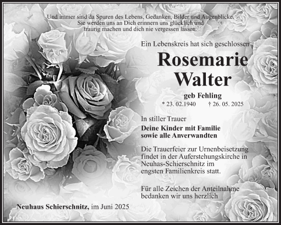 Traueranzeige von Rosemarie Walter von Südthüringer Presse