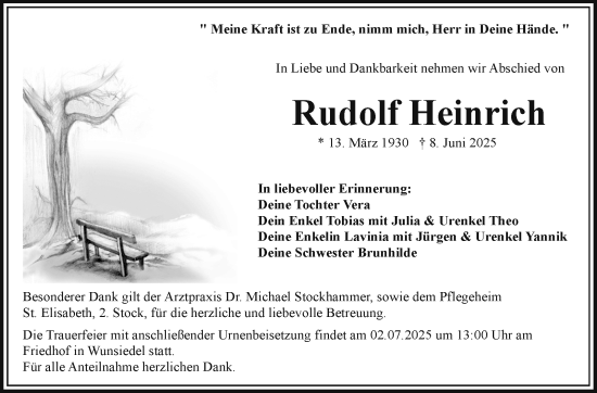 Traueranzeige von Rudolf Heinrich von Frankenpost