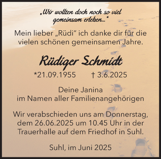 Traueranzeige von Rüdiger Schmidt von Südthüringer Presse