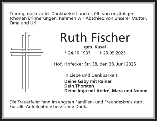 Traueranzeige von Ruth Fischer von Frankenpost