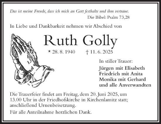 Traueranzeige von Ruth Golly von Frankenpost