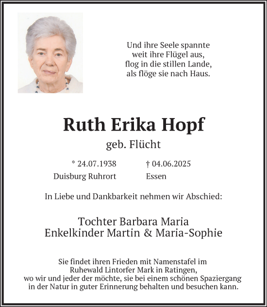 Traueranzeige von Ruth Erika Hopf von Südthüringer Presse