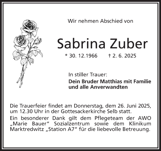 Traueranzeige von Sabrina Zuber von Frankenpost