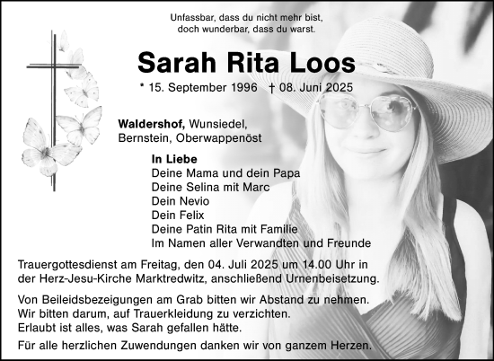 Traueranzeige von Sarah Rita Loos von Frankenpost