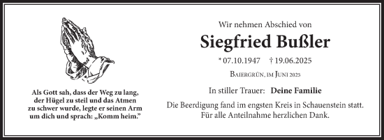 Traueranzeige von Siefried Bußler von Frankenpost