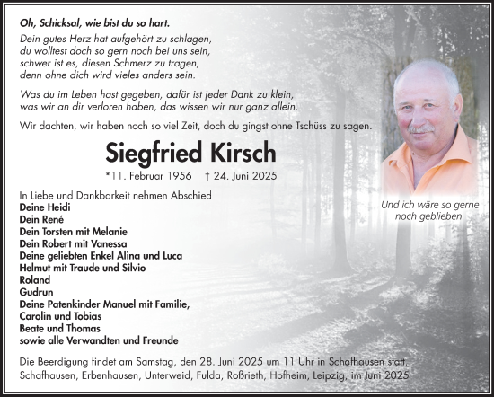 Traueranzeige von Siegfried Kirsch von Südthüringer Presse