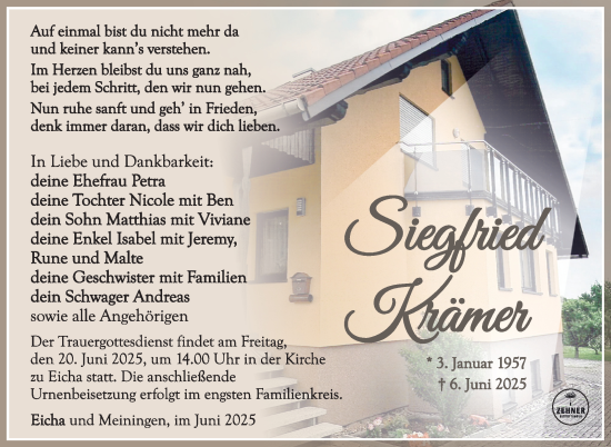 Traueranzeige von Siegfried Krämer von Südthüringer Presse