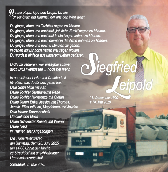 Traueranzeige von Siegfried Leipold von Südthüringer Presse