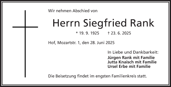 Traueranzeige von Siegfried Rank von Frankenpost