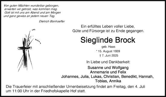 Traueranzeige von Sieglinde Brock von Frankenpost