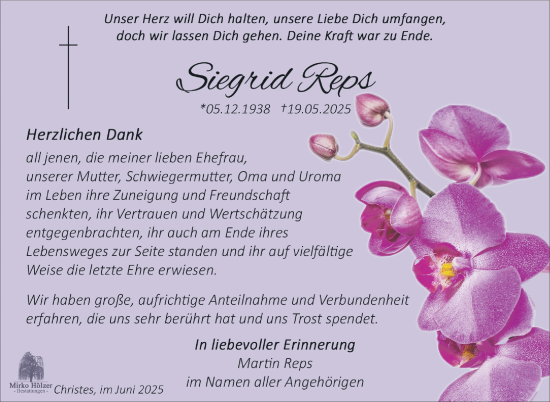 Traueranzeige von Siegrid Reps von Südthüringer Presse