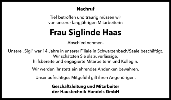 Traueranzeige von Siglinde Haas von Frankenpost