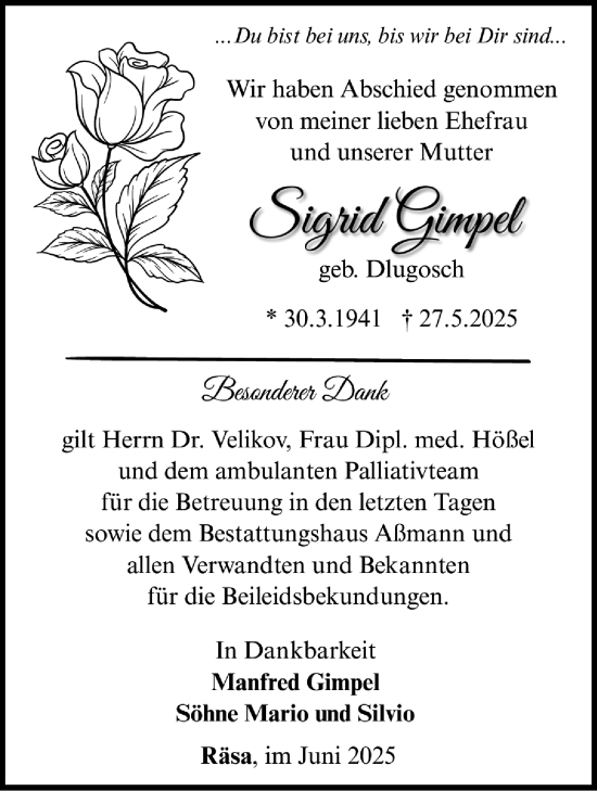 Traueranzeige von Sigrid Gimpel von Südthüringer Presse