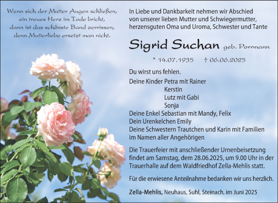 Traueranzeige von Sigrid Suchan von Südthüringer Presse