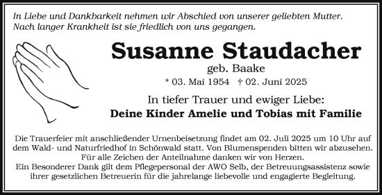Traueranzeige von Susanne Staudacher von Frankenpost