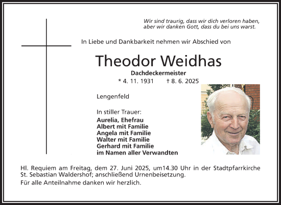 Traueranzeige von Theodor Weidhas von Frankenpost