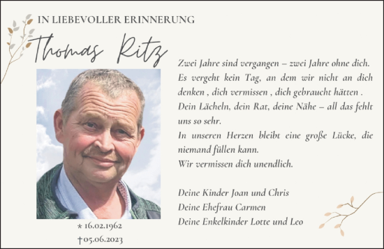 Traueranzeige von Thomas Ritz von Südthüringer Presse