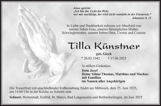 Traueranzeige von Tilla Künstner von Südthüringer Presse
