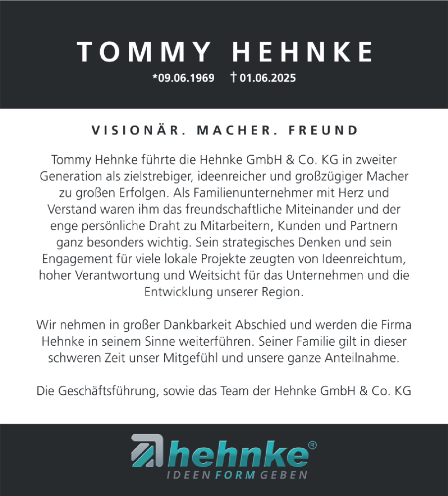  Traueranzeige für Tommy Hehnke vom 07.06.2025 aus Südthüringer Presse