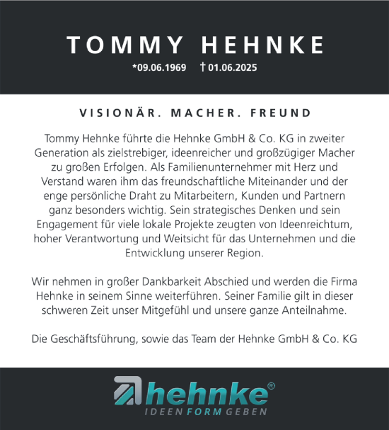Traueranzeige von Tommy Hehnke von Südthüringer Presse