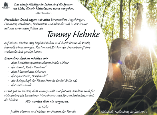Traueranzeige von Tommy Hehnke von Südthüringer Presse