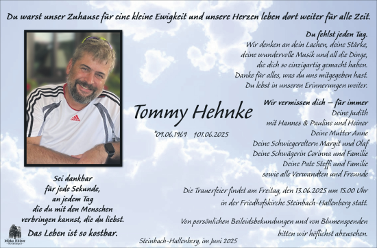 Traueranzeige von Tommy Hehnke von Südthüringer Presse