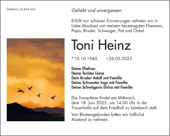Traueranzeige von Toni Heinz von Südthüringer Presse