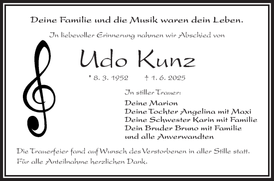 Traueranzeige von Udo Kunz von Frankenpost