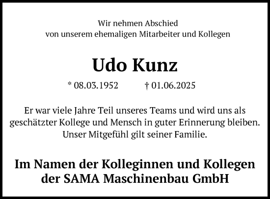 Traueranzeige von Udo Kunz von Frankenpost