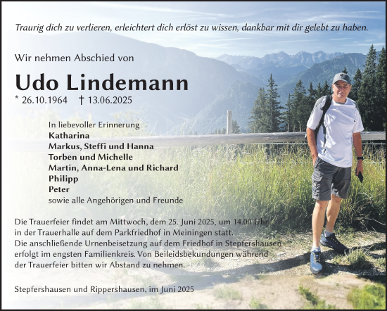 Traueranzeige von Udo Lindemann von Südthüringer Presse