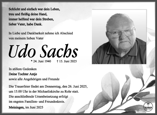 Traueranzeige von Udo Sachs von Südthüringer Presse