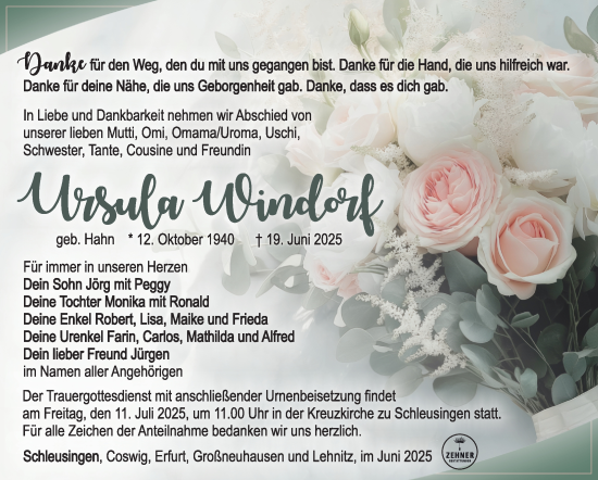 Traueranzeige von Ursula Weindorf von Südthüringer Presse