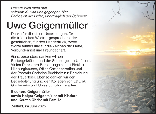 Traueranzeige von Uwe Geigenmüller von Südthüringer Presse