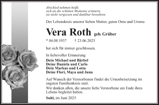 Traueranzeige von Vera Roth von Südthüringer Presse