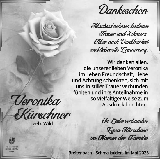 Traueranzeige von Veronika Kürschner von Südthüringer Presse