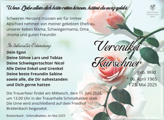 Traueranzeige von Veronika Kürschner von Südthüringer Presse