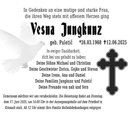 Traueranzeige von Vesna Jungkunz von Neue Presse Coburg